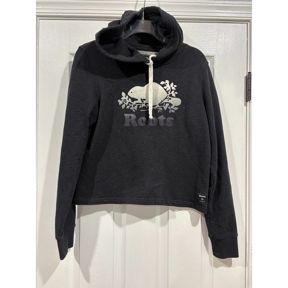 Roots Canada Womens Small Beaver Logo Pullover Hoodie Black Charcoal S
